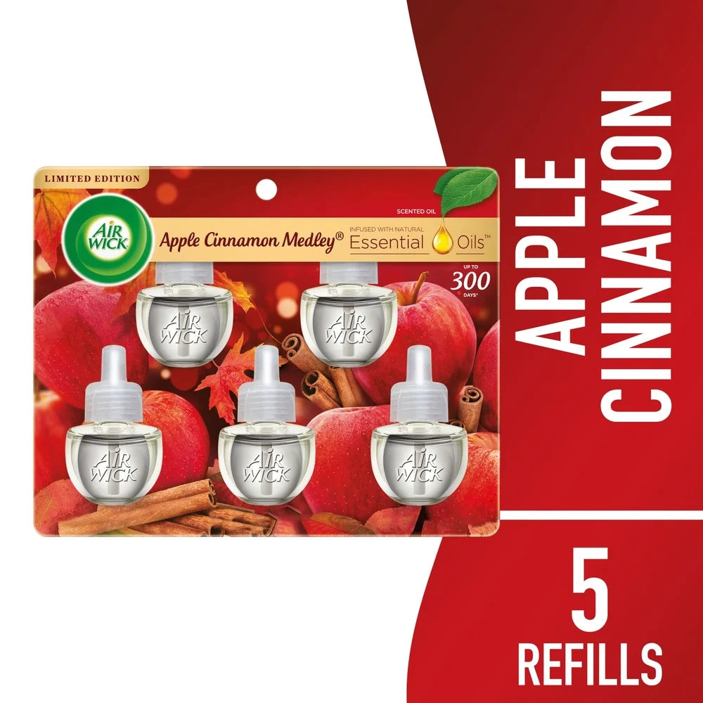 Scented Oil Refill 5 Count Apple Cinnamon Medley Essential Oils Plug In Air Freshener Home Fragrance Continuous Diffusion